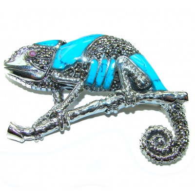 Spectacular Big Chameleon Lizard inlay Turquoise .925 Sterling Silver handmade Brooch