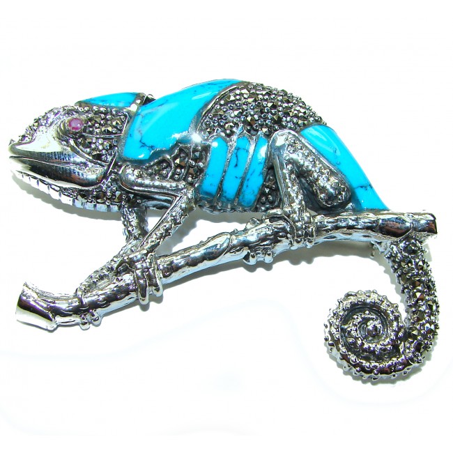 Spectacular Big Chameleon Lizard inlay Turquoise .925 Sterling Silver handmade Brooch