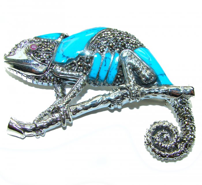 Spectacular Big Chameleon Lizard inlay Turquoise .925 Sterling Silver handmade Brooch - video