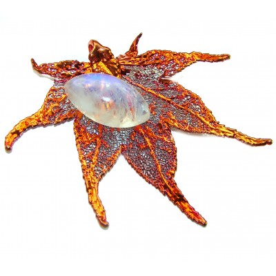 LARGE Stylish REAL Leaf Coved with Sterling Silver and 14K Gold Moonstone & .925 Sterling Silver Pendant