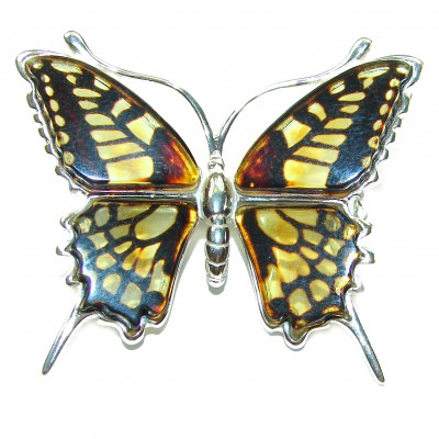Golden Butterfly Baltic Polish Amber .925 Sterling Silver handcrafted Pendant / Brooch