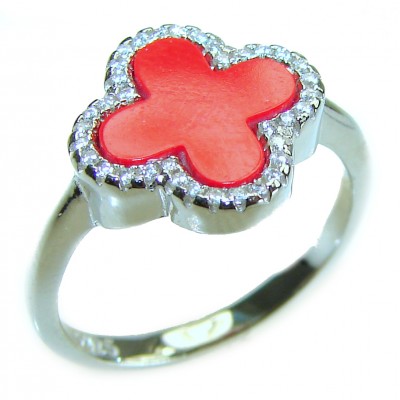 A four-leaf clover Coral .925 Sterling Silver handcrafted ring s. 8