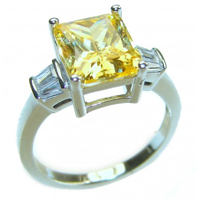4.5 carat Priness cut Yellow Sapphire .925 Sterling Silver handcrafted ring; s. 7
