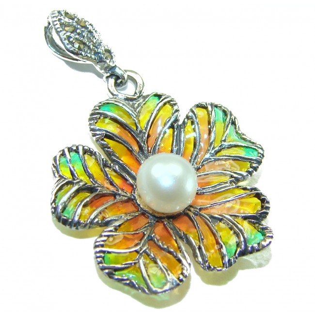 Masterpiece! Authentic Pearl Enamel .925 Sterling Silver handcrafted Pendant