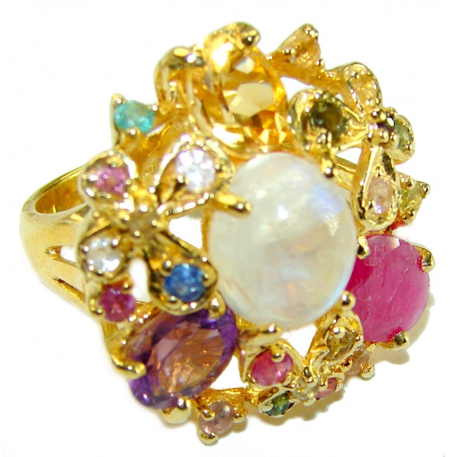 Moonlight Authentic Fire Moonstone 14k Gold over .925 Sterling Silver handmade Statement ring s. 7