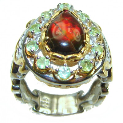 Outstanding Genuine 4.8 carat Canadian Ammolite 2 tones .925 Sterling Silver handmade ring size 8