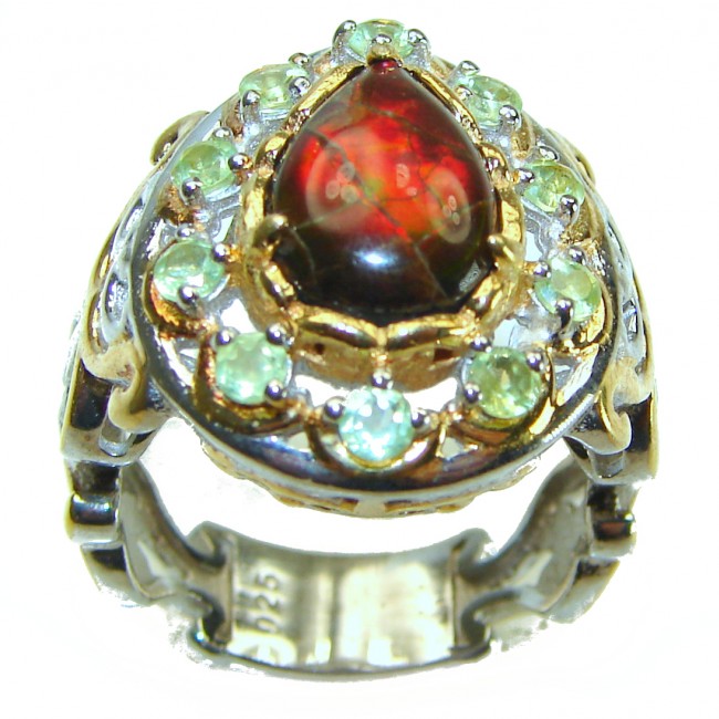 Outstanding Genuine 4.8 carat Canadian Ammolite 2 tones .925 Sterling Silver handmade ring size 8