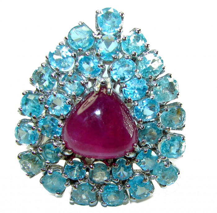 Isabella - Real Beauty of Nature- natural 10.5 carat Ruby Aquamarine 14K Gold over .925 Sterling Silver handmade Statement Ring size 8 1/4