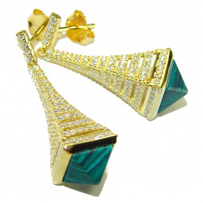 Outstanding authentic 5.2 carat Malachite 18K Gold over .925 Sterling Silver Earrings