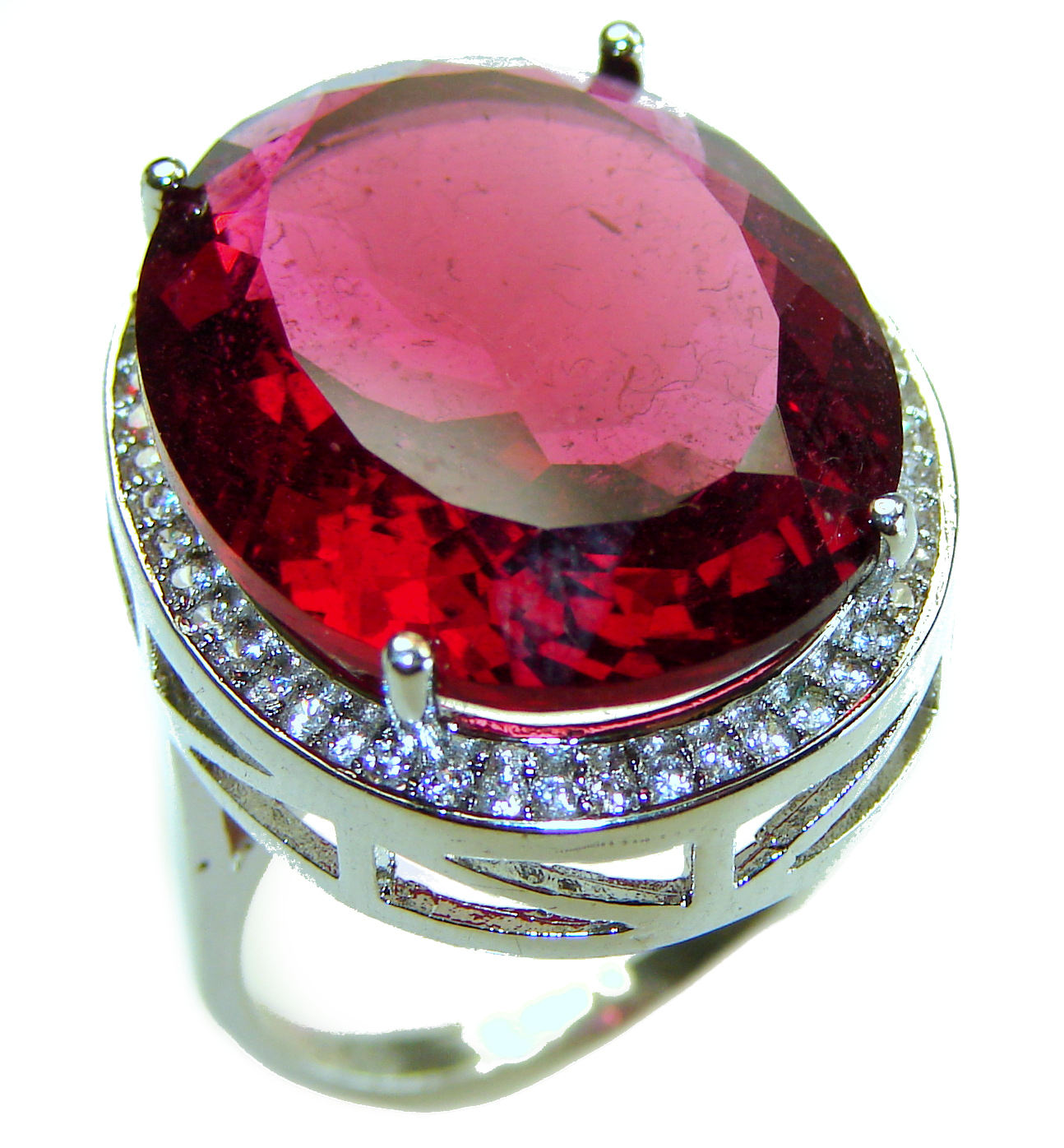 Red Brilliance 24.5 carat Red Topaz .925 Silver handcrafted Large Cocktail Ring s. 8