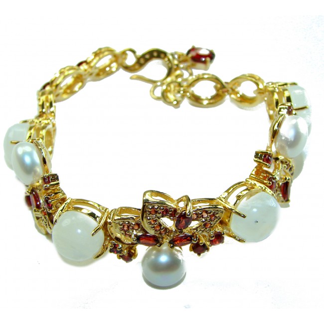 Genuine Rainbow Moonstone Pear Ruby 14K Gold over .925 Sterling Silver handmade Bracelet