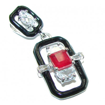 Art Deco 2.3 carat Ruby black enamel .925 Sterling Silver handmade Pendant
