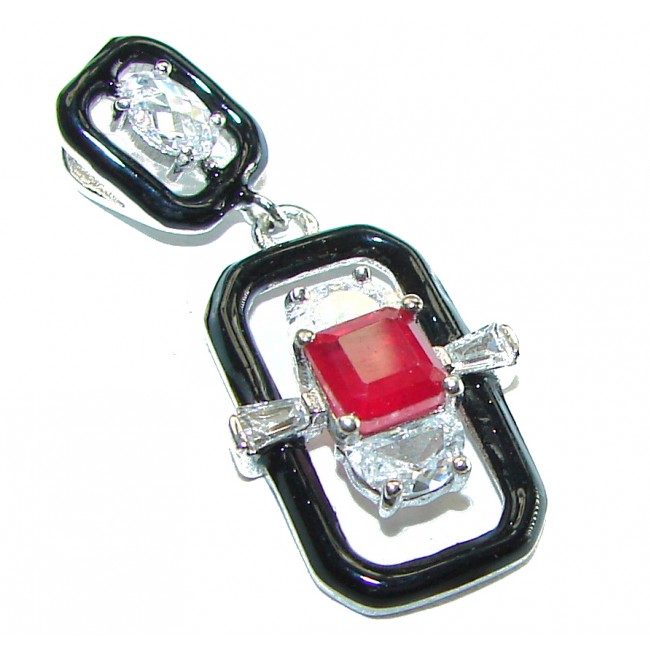 Art Deco 2.3 carat Ruby black enamel .925 Sterling Silver handmade Pendant