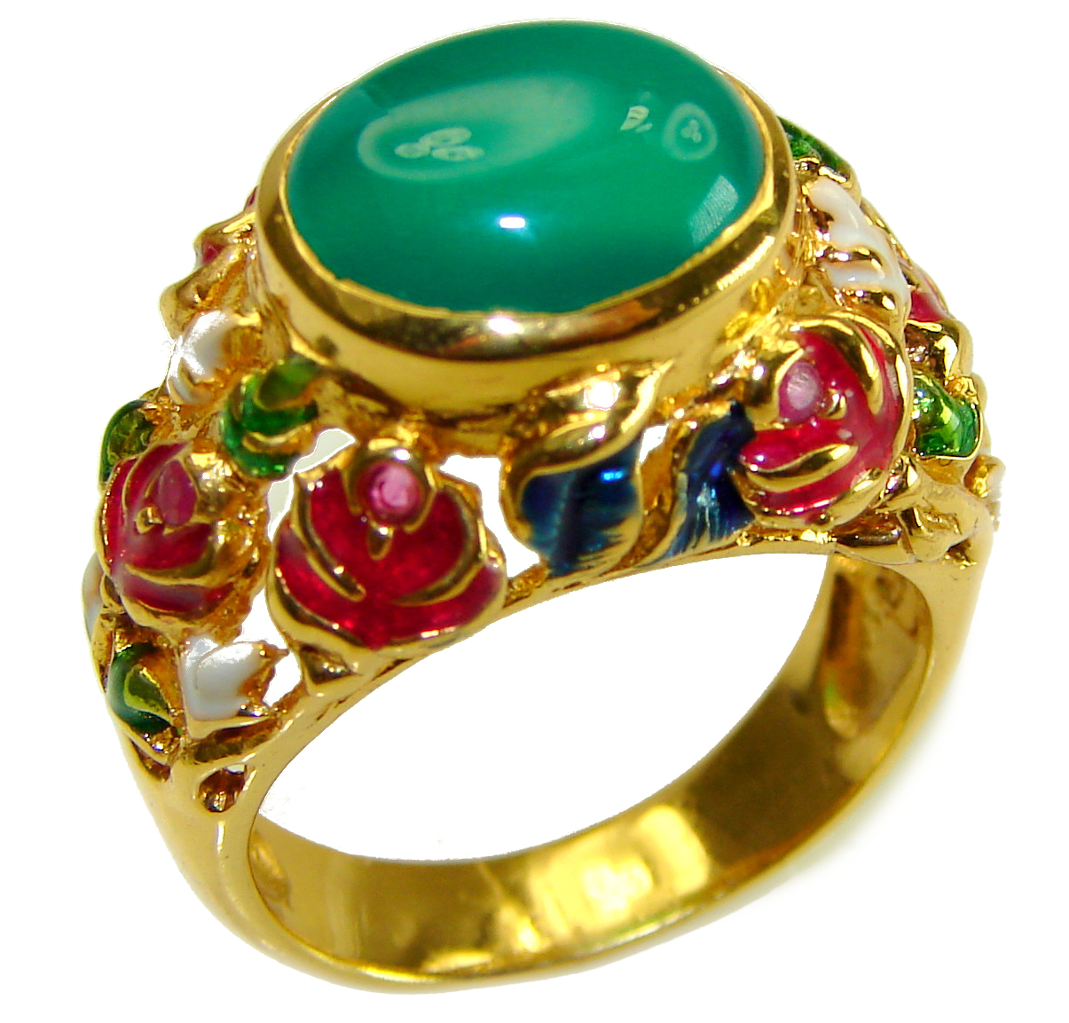 Real Beauty of Nature - natural 12.5 carat Jade enamel 18K Gold over .925 Sterling Silver handmade Statement Ring size 8 1/4