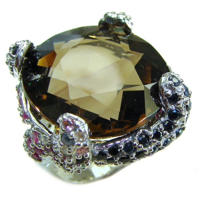 Celestial Energy rare Rose Cut 28.5 carat Champagne Smoky Topaz .925 Sterling Silver Oversized Ring size 8