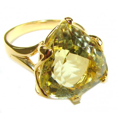 11.8 carat Genuine Trillion cut Lemon Quartz 14K Gold over .925 Sterling Silver handcrafted ring size 7