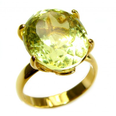 11.8 carat Genuine fancy oval cut Lemon Quartz 14K Gold over .925 Sterling Silver handcrafted ring size 7