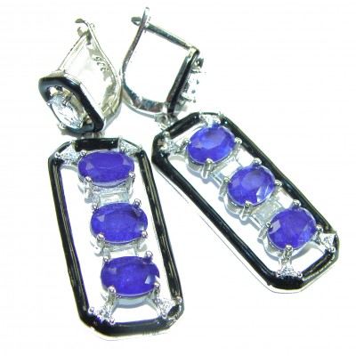 Art Deco 11.5 carat Sapphire black enamel .925 Sterling Silver handcrafted earrings