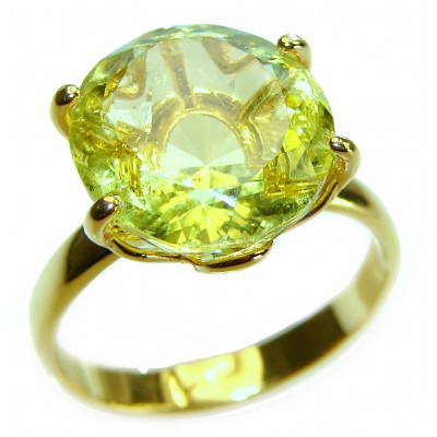 11.8 carat Genuine fancy oval cut Lemon Quartz 14K Gold over .925 Sterling Silver handcrafted ring size 8 3/4