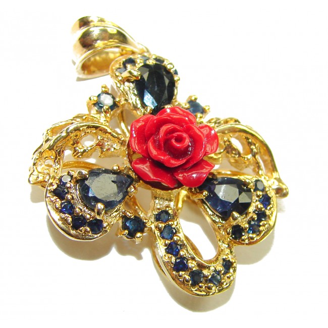 Red Rose Authentic Coral Sapphire 14K Gold over .925 Sterling Silver handmade pendant
