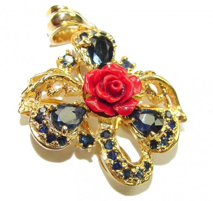 Red Rose Authentic Coral Sapphire 14K Gold over .925 Sterling Silver handmade pendant