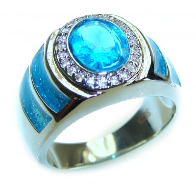 Glory 5.5 carat Swiss Blue Topaz inlay doublet Opal .925 Sterling Silver handmade Statement Ring s. 6 1/4