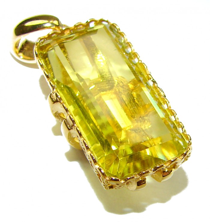 Emerald cut 15.3 carat Lemon Quartz 18K Gold over .925 Sterling Silver handcrafted pendant