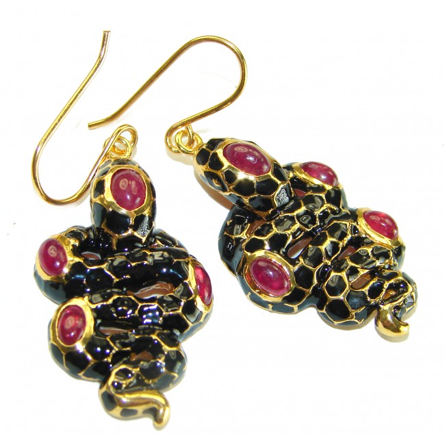 Black Snakes Genuine Enamel Ruby 18K Gold over .925 Sterling Silver handcrafted Earrings