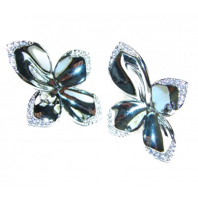 Lotus flower White Topaz highly polished Rhodium over .925 Sterling Silver Italy made Earrings