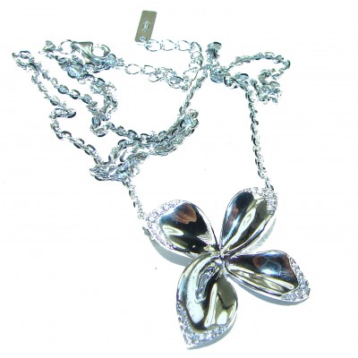 Lotus flower White Topaz highly polished Rhodium over .925 Sterling Silver Italy made necklace