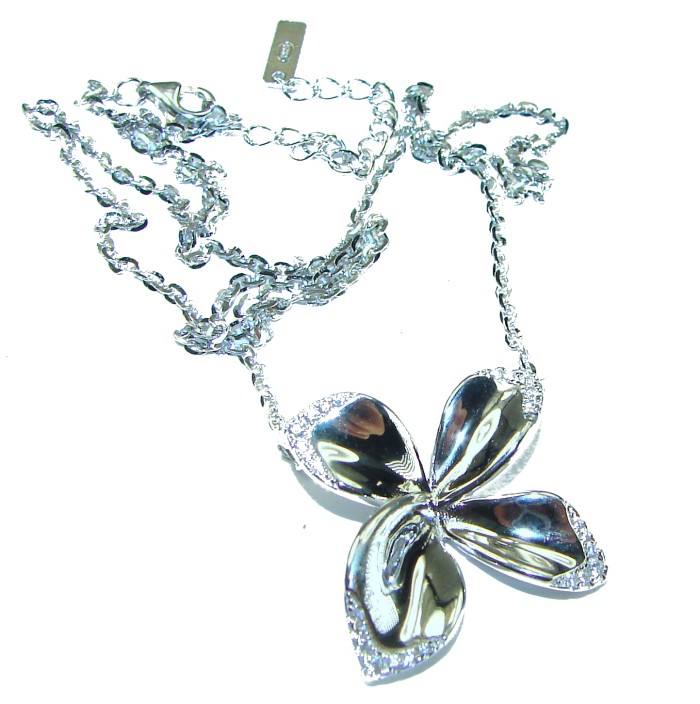 Lotus flower White Topaz highly polished Rhodium over .925 Sterling Silver Italy made necklace