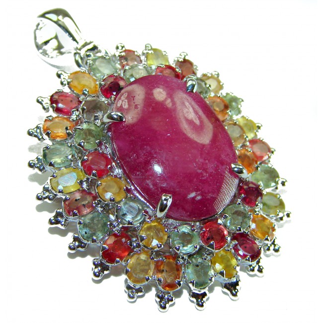 Precious Genuine 27.5 carat Ruby multicolor Sapphire .925 Sterling Silver handmade Pendant - Brooch