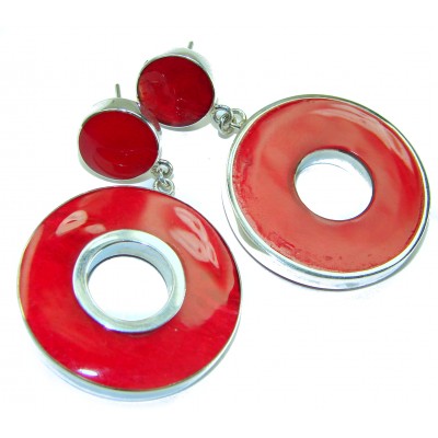Large Genuine Red Fossilized Coral .925 Sterling Silver handmade earrings