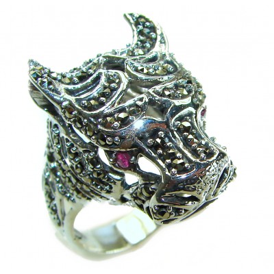 Panthère's Head Marcasite Ruby .925 Sterling Silver handcrafted Statement Ring size 9 1/4