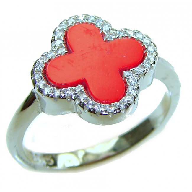 A four-leaf clover Coral .925 Sterling Silver handcrafted ring s. 8