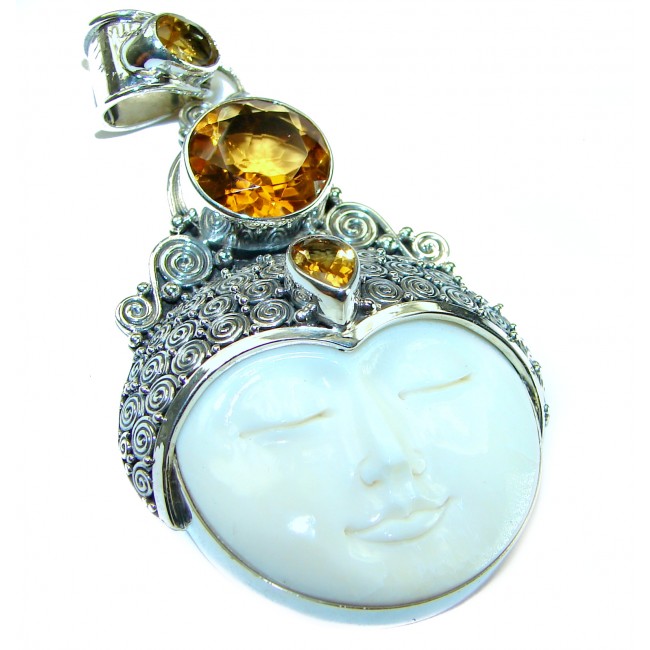 7Moonface - Authentic Carved Ox Bone 6.8 carat Citrine .925 Sterling Silver Pendant