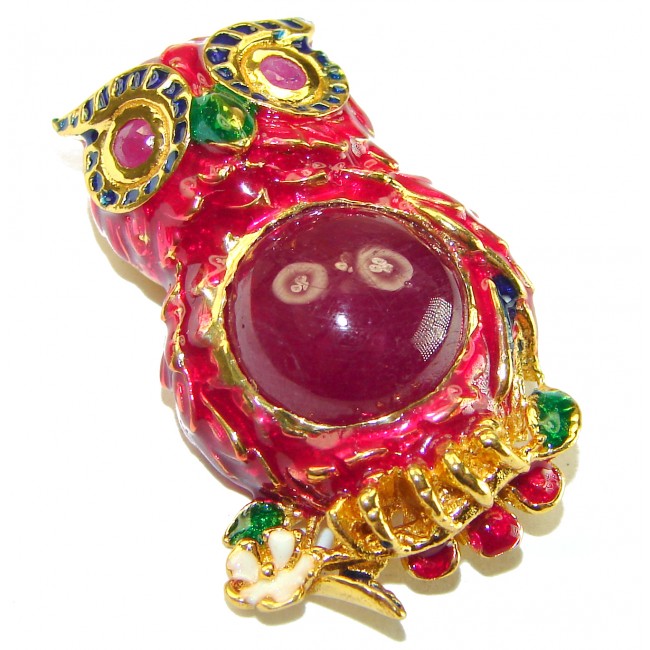 Wisdom and Unseen World - Owl- Genuine 10.5 carat Ruby enamel .925 Sterling Silver handmade Pendant - Brooch