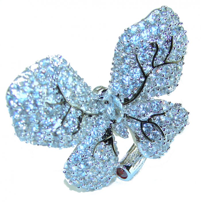 Born to Glam - Large White Butterfly- authentic 11.5 carat White Topaz RHODIUM OVER .925 Silver handcrafted Ring s. 7 - video
