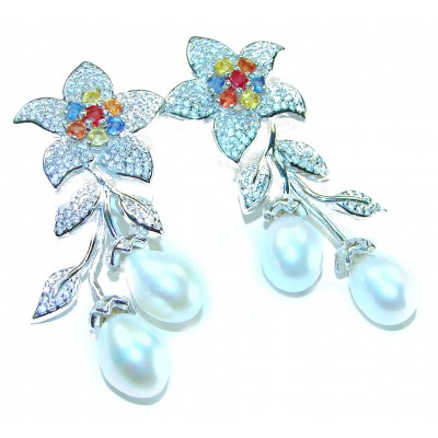 Precious white freshwater Pearl multicolor Sapphire .925 Sterling Silver handcrafted earrings