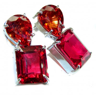 Blooming Rose baguette cut 19.5 carat Red Topaz .925 Sterling Silver handmade Statement earrings