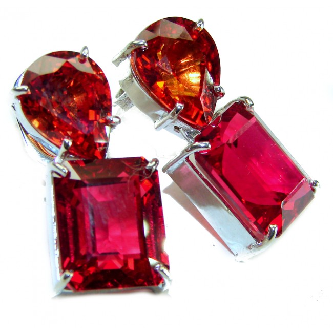 Blooming Rose baguette cut 19.5 carat Red Topaz .925 Sterling Silver handmade Statement earrings