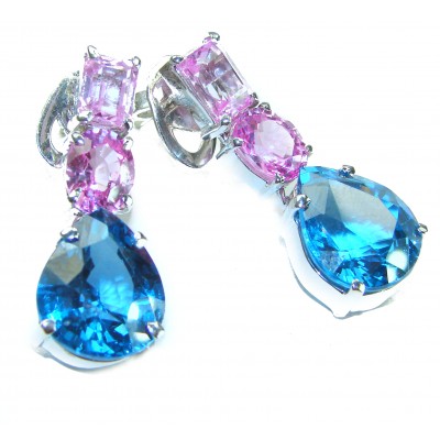 Summer 22.5 carat Pink Sapphire Swiss Blue Topaz .925 Sterling Silver handmade Statement earrings