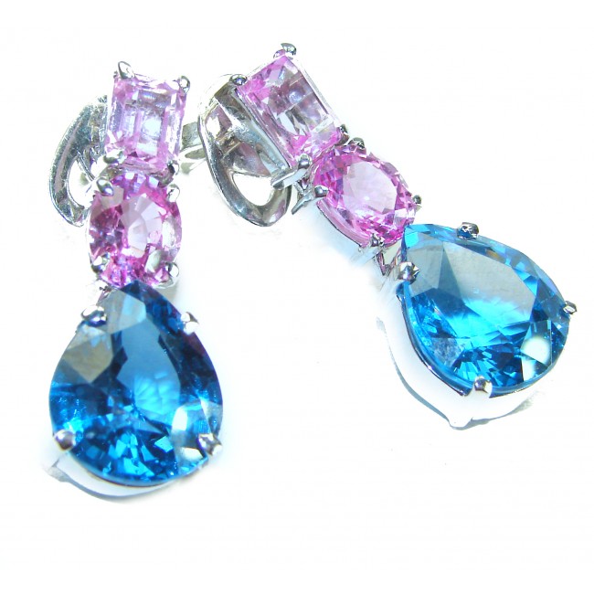 Summer 22.5 carat Pink Sapphire Swiss Blue Topaz .925 Sterling Silver handmade Statement earrings