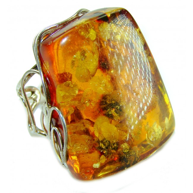 Huge- Beauty of the Nature Baltic Amber .925 Sterling Silver handcrafted ring; s. 8 adjustable