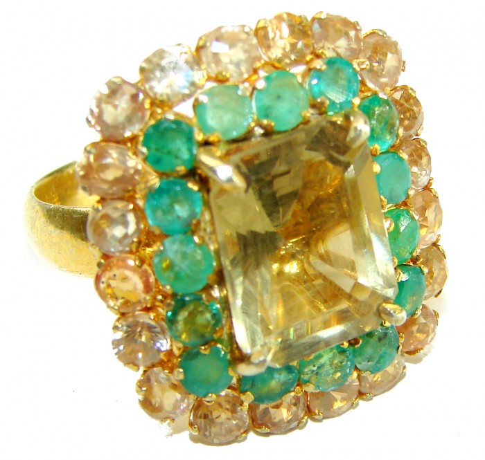 Vintage design - 17.5 carat Champagne Smoky Topaz 18K Gold over .925 Sterling Silver Ring size 7 1/4