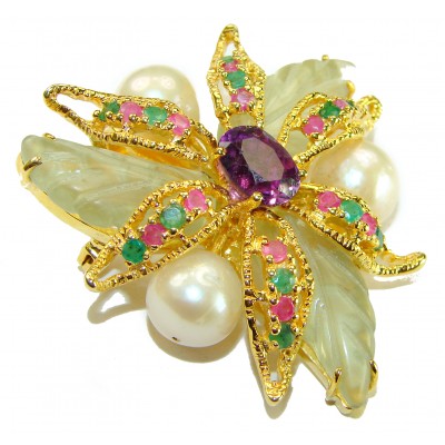 Wild Flower genuine 55.85 carat Lemon Quartz 18K Gold over .925 Sterling Silver handmade Large Pendant - Brooch