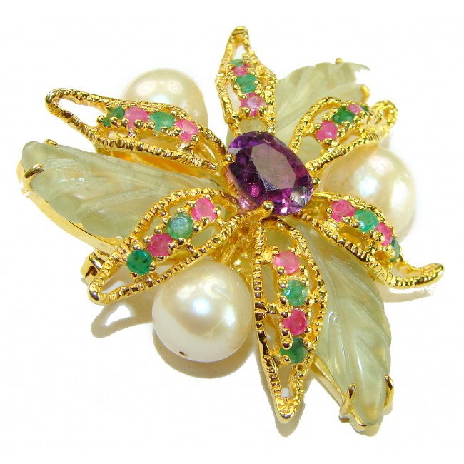 Wild Flower genuine 55.85 carat Lemon Quartz 18K Gold over .925 Sterling Silver handmade Large Pendant - Brooch