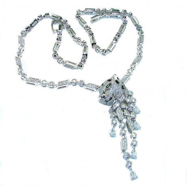 Luxurious Panthère Emerald black enamel .925 Sterling Silver handcrafted Statement Necklace