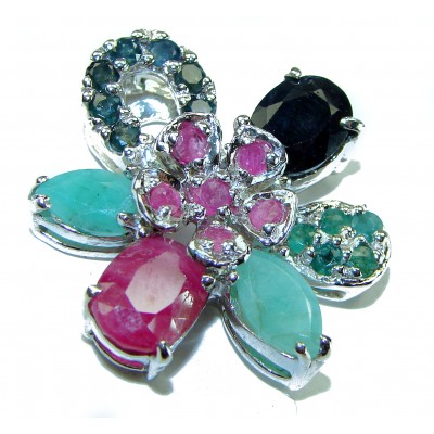 Precious Genuine 19.5 carat Emerald Ruby Sapphire .925 Sterling Silver handmade Pendant
