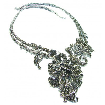Floral Design Authentic Marcasite .925 Sterling Silver handmade Large Statement necklace